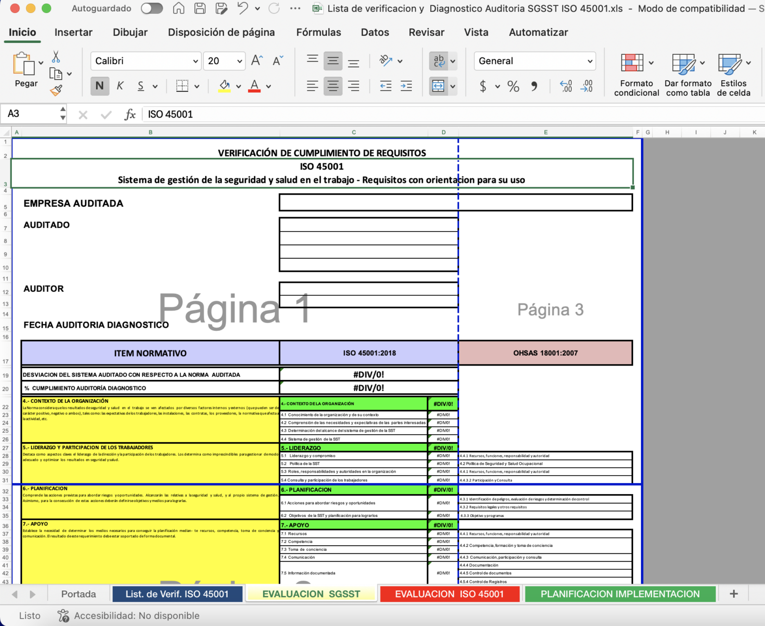 Lista de verificación y Diagnostico Auditoria SGSST ISO 45001